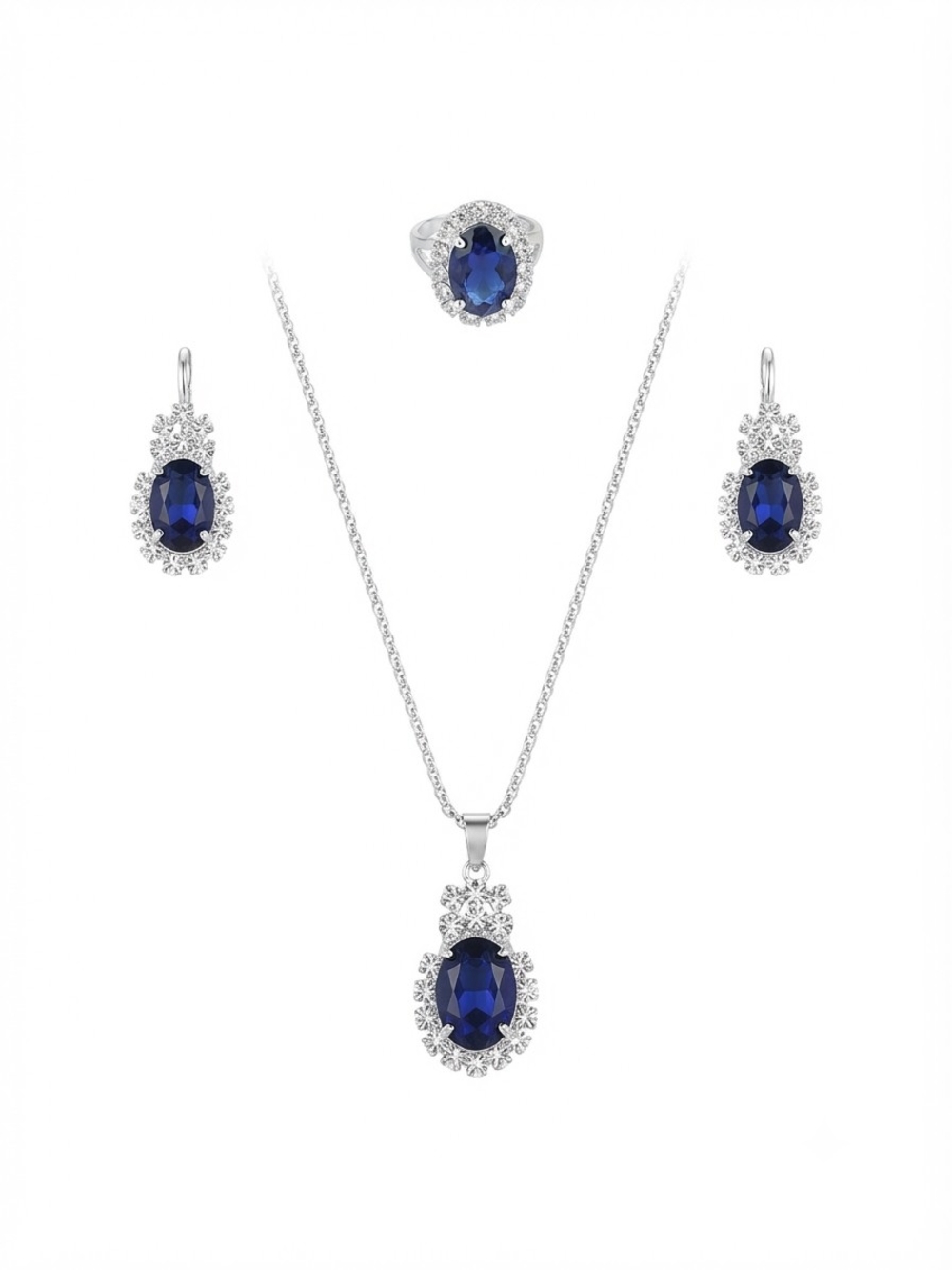 Classic Blue Sapphire Halo Jewelry Set - Women